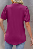 LC25220571-8-S, LC25220571-8-M, LC25220571-8-L, LC25220571-8-XL, LC25220571-8-2XL, Purple Solid Color Pleated Puff Short Sleeve Top