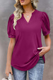 LC25220571-8-S, LC25220571-8-M, LC25220571-8-L, LC25220571-8-XL, LC25220571-8-2XL, Purple Solid Color Pleated Puff Short Sleeve Top