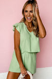 LC625031-9-S, LC625031-9-M, LC625031-9-L, LC625031-9-XL, Green Crinkled Texture V Neck Ruffled Sleeve Tops and Shorts Set