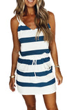 Dark Blue Spaghetti Straps Striped Drawstring Waist Mini Dress