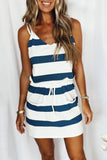 Dark Blue Spaghetti Straps Striped Drawstring Waist Mini Dress