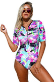 Blue Leaves Zip Front Half Sleeve One Piece Swimsuit