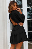 Plunge Split Back Puff Sleeve Tiered Dress