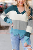 Maglione con orlo grezzo consumato con scollo a V colorblock da donna