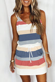 Dark Blue Spaghetti Straps Striped Drawstring Waist Mini Dress