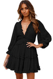 Plunge Split Back Puff Sleeve Tiered Dress