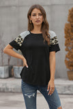 Striped Leopard Print Short Sleeve Women T-shirt