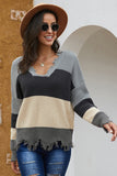 Maglione con orlo grezzo consumato con scollo a V colorblock da donna