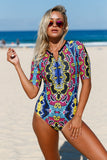 Blue Leaves Zip Front Half Sleeve One Piece Swimsuit