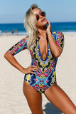 Blue Leaves Zip Front Half Sleeve One Piece Swimsuit