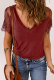 Deep V Neck Lace Crochet Short Sleeve T Shirt