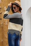 Maglione con orlo grezzo consumato con scollo a V colorblock da donna