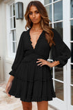 Plunge Split Back Puff Sleeve Tiered Dress