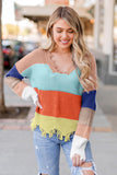 Maglione con orlo grezzo consumato con scollo a V colorblock da donna