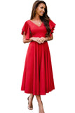 Flared Sleeve Red Dinner Dresses For Ladies