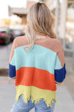 Maglione con orlo grezzo consumato con scollo a V colorblock da donna