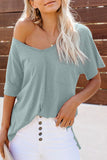 V Neck Short Sleeves Cotton Blend Tee with Front Pocket and Side Slits